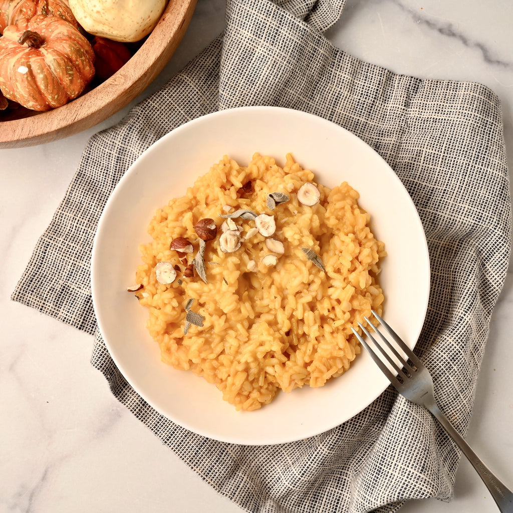 An overview of a bowl of pumpkin risotto