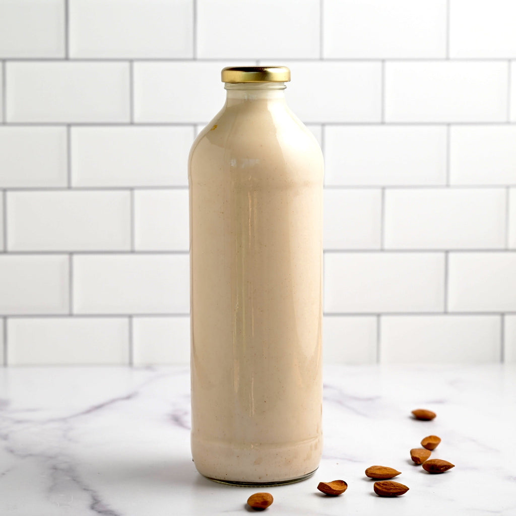 A clear glass bottle filled with almond milk from The NutraMilk