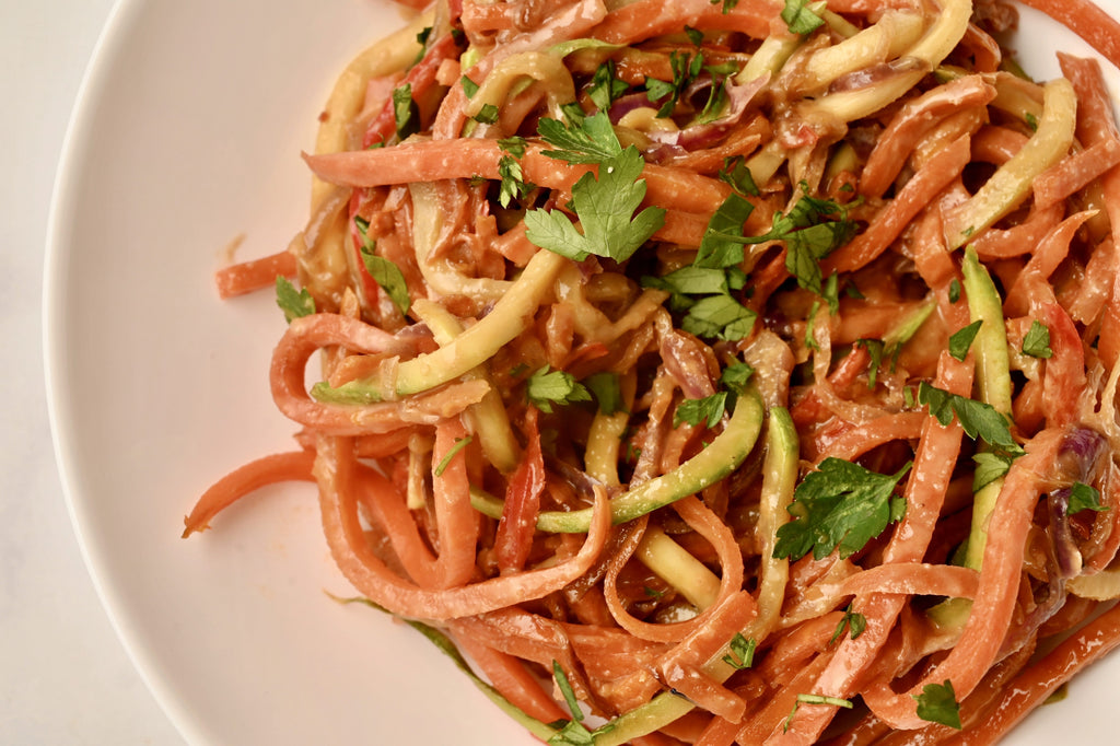 Close up of carrot zoodles