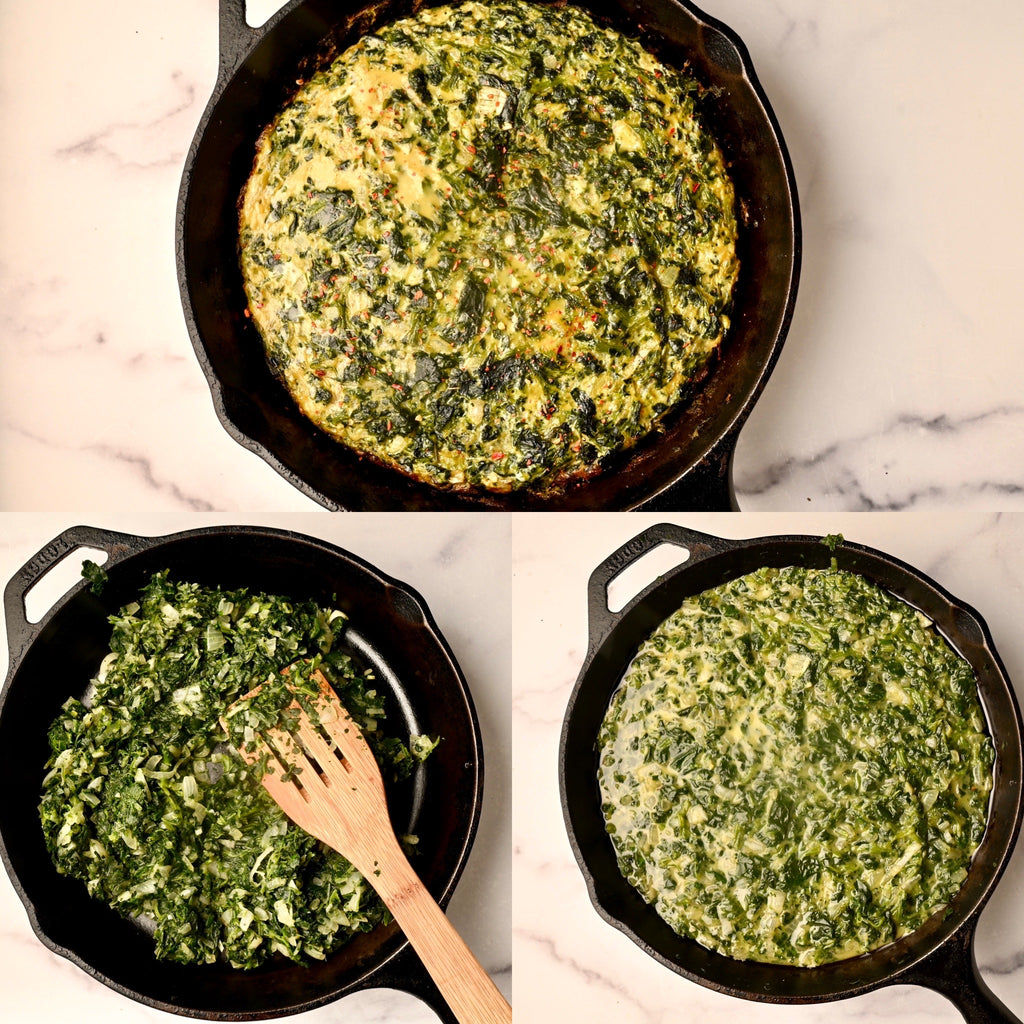 Spinach quiche in cast iron skillet