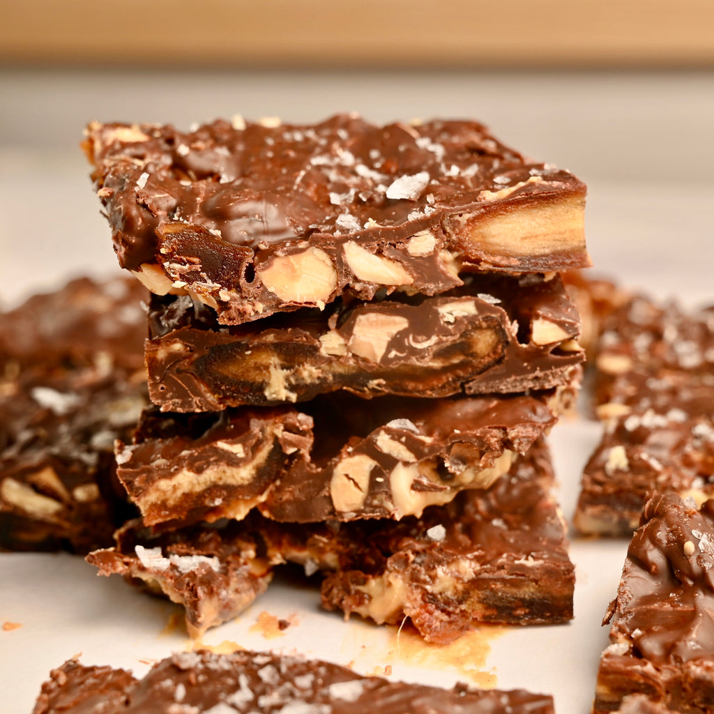 A close up of stacked homemade date bark