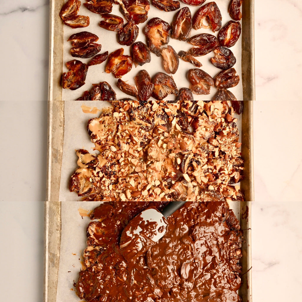Sheet pans covered in raw dates and nuts