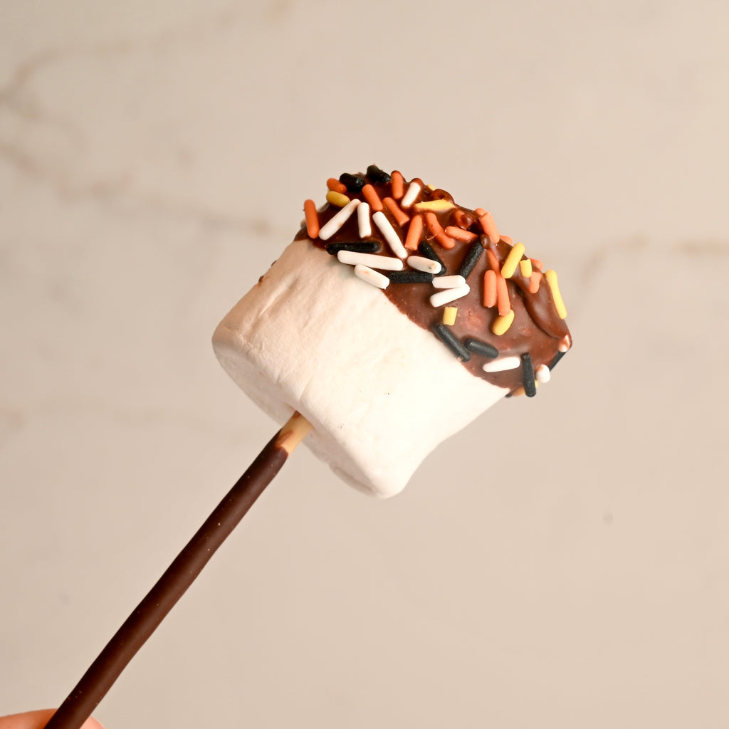 A white marshmallow on a stick dipped in chocolate with Halloween sprinkles