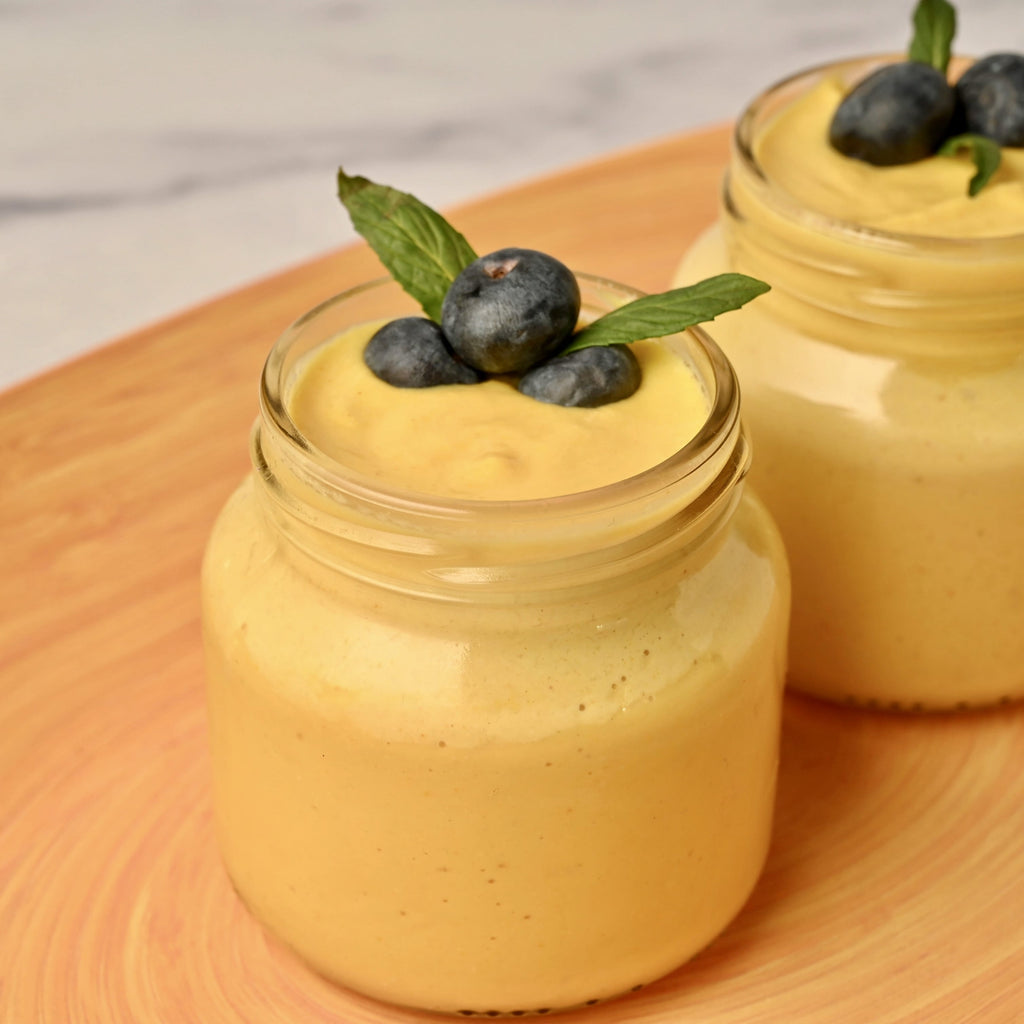 Clear glass jar filled with mango cashew pudding and topped with blueberries