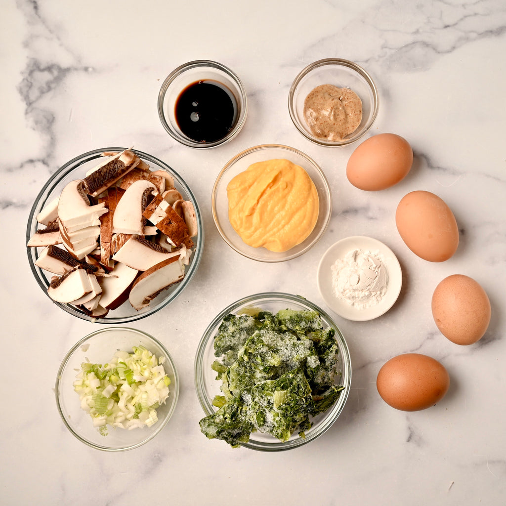 Raw ingredients in clear glass bowls