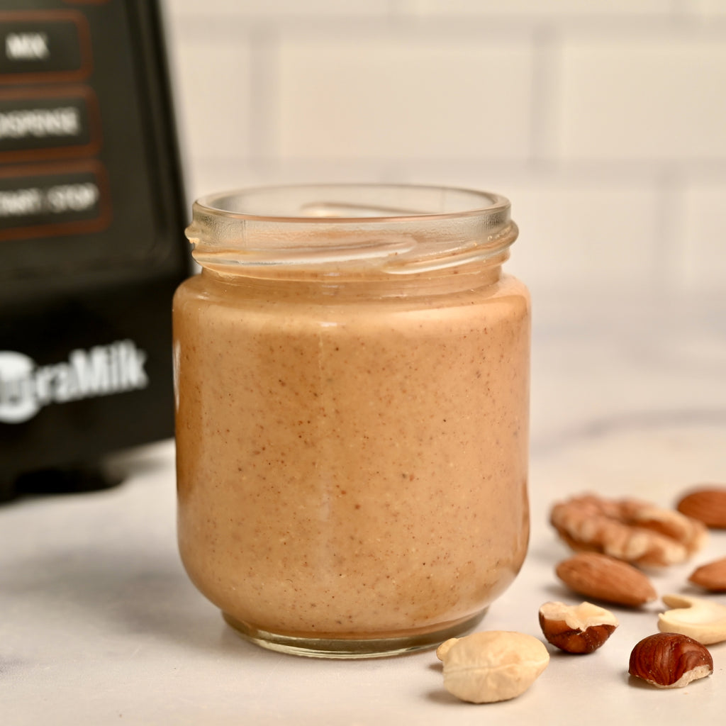 A close up of a jar of nut butter