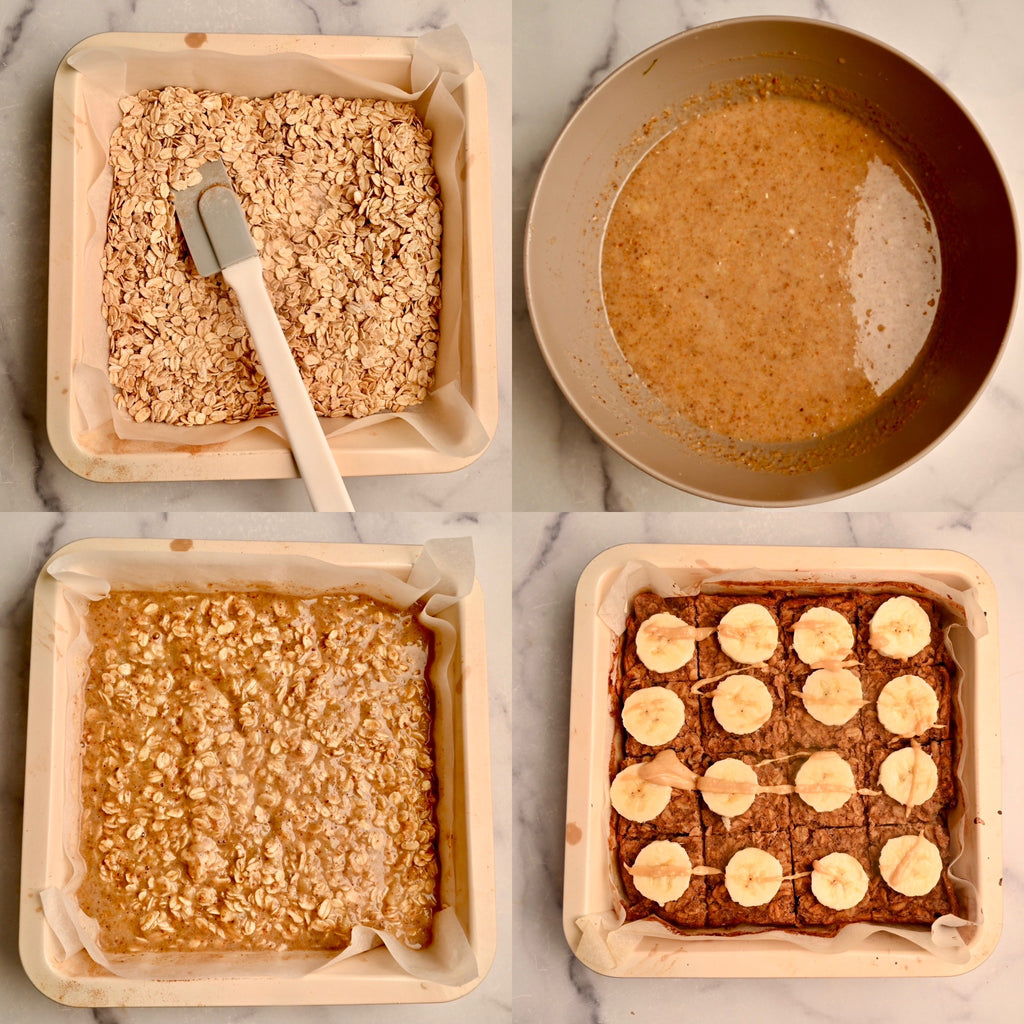 Raw oats being poured into a baking pan