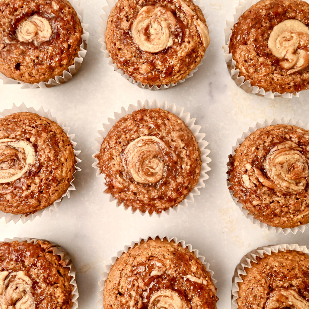 An overview of a tray of freshly baked muffins