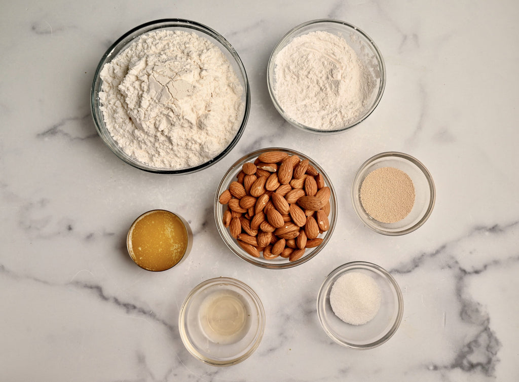 Small clear glass bowls filled with ingredients