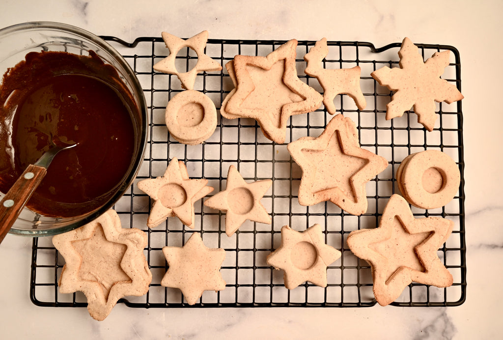 Shortbread cookies ready to be filled with melted chocolate