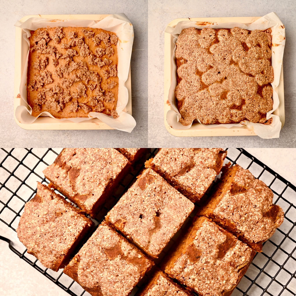 A tray of uncut pumpkin coffee cake