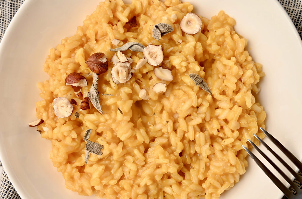 a close up of pumpkin risotto