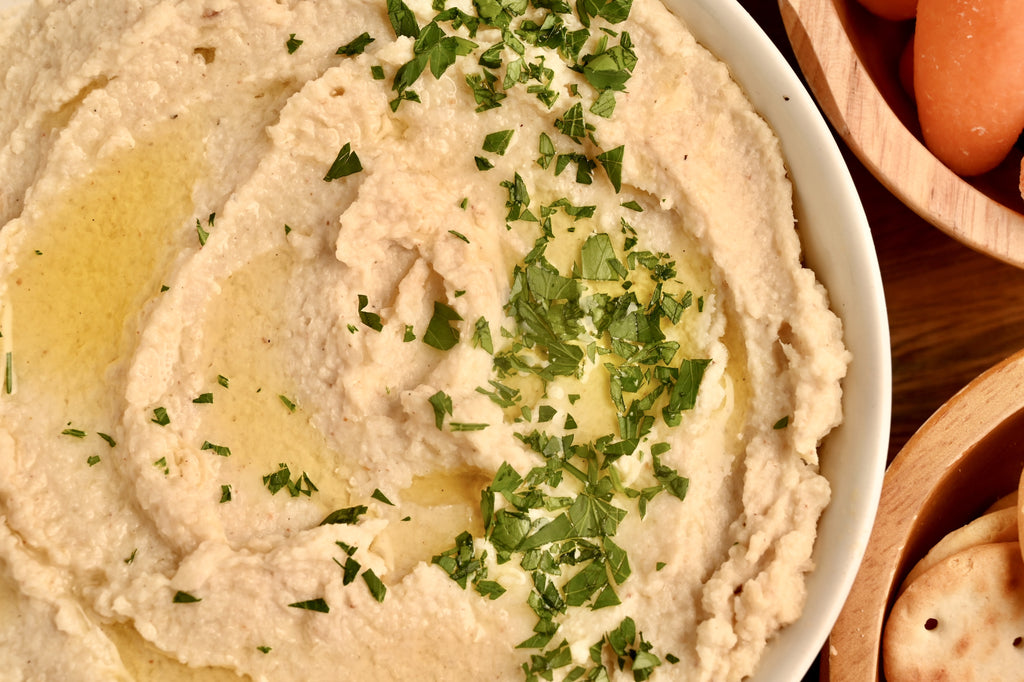 A close up of homemade hummus