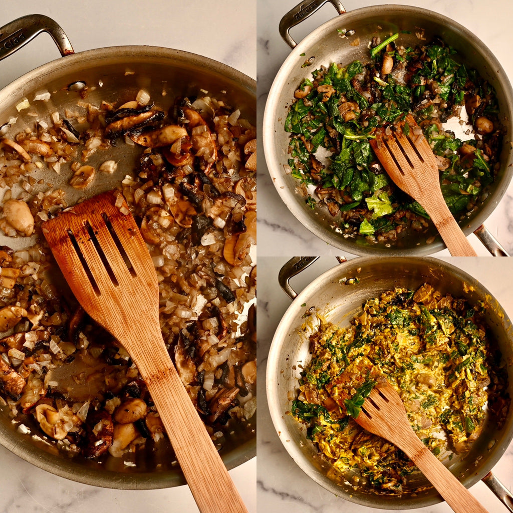 Mushrooms and onions sauteed in a large skillet