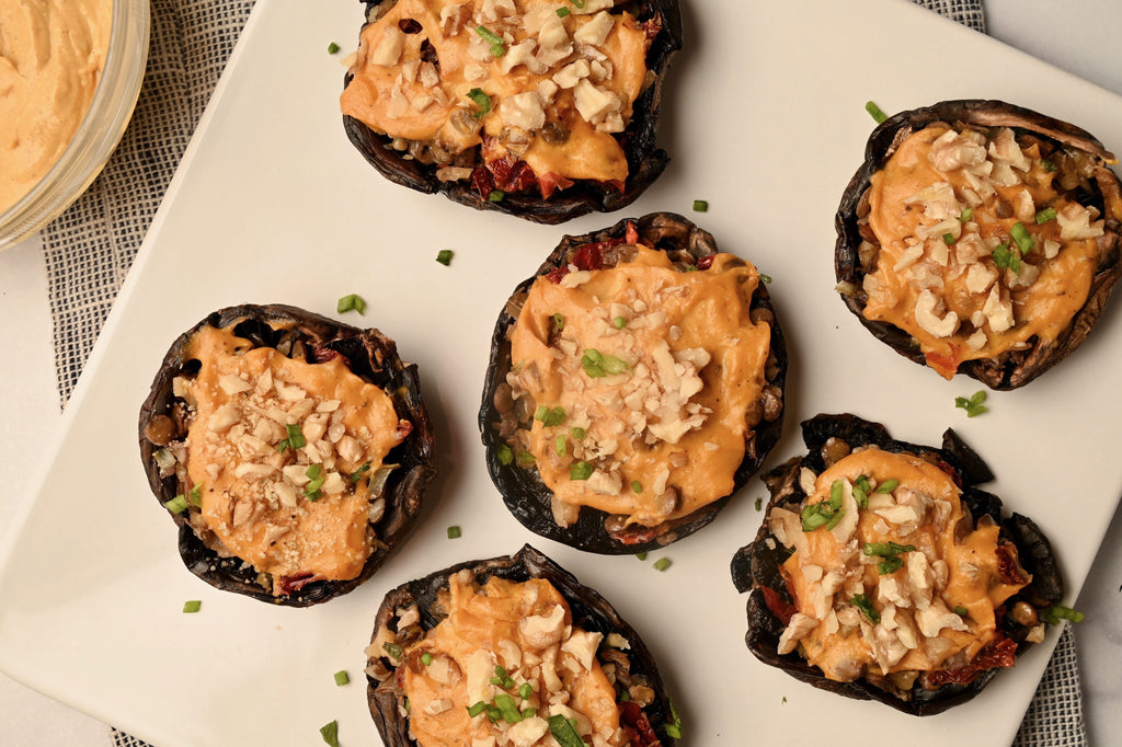 An overview view of stuffed portobello mushrooms