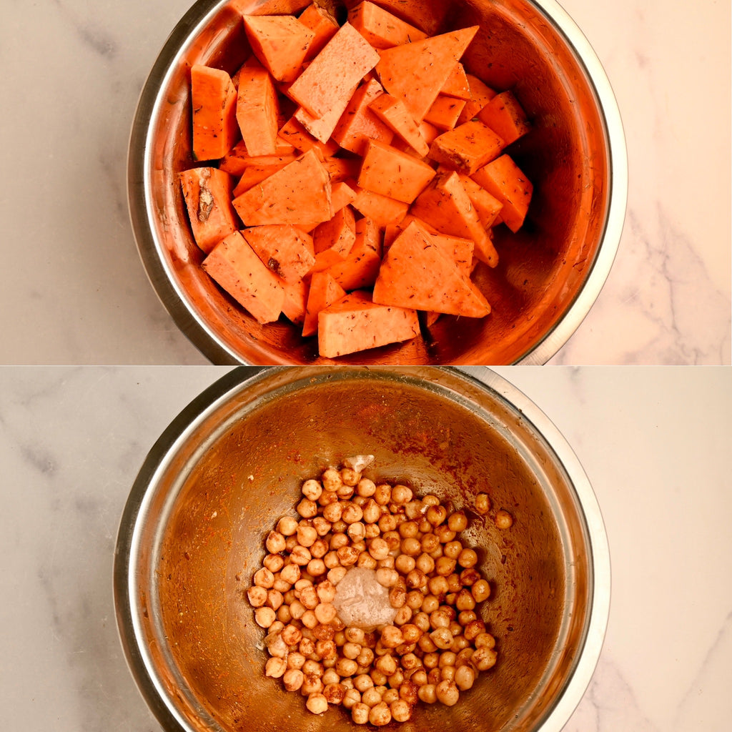 Raw sweet potatoes cut into cubes with seasoning on top