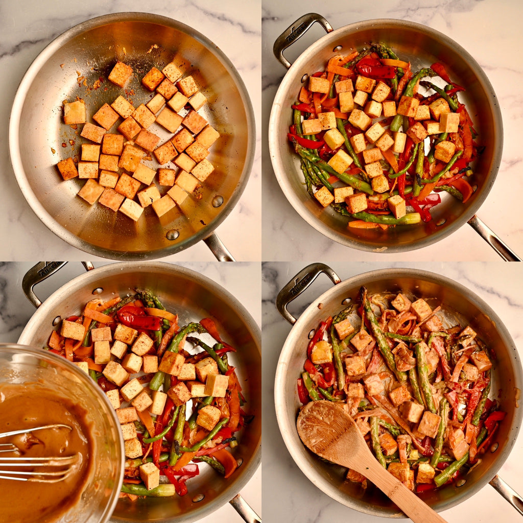 Cubed tofu frying in a skillet pan
