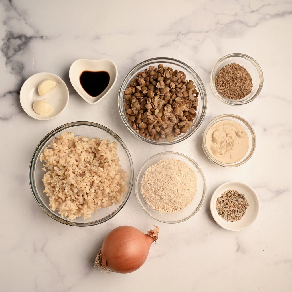 An overhead view of plant-based ingredients in small bowls and dishes