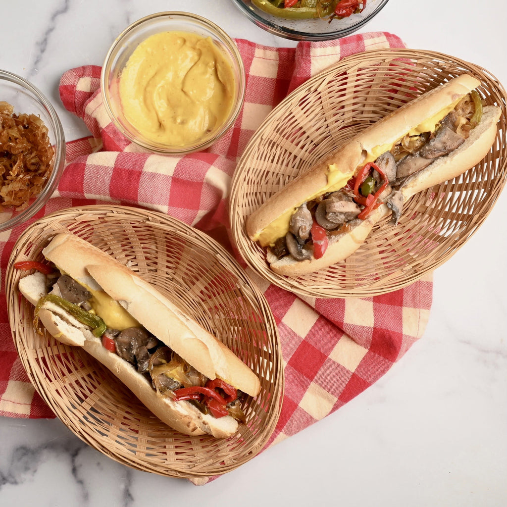 Overhead view of a Philly cheesesteak sandwich in a basket