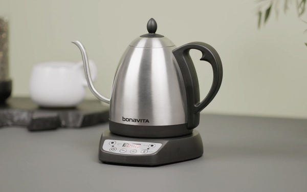 The Bonavita kettle sits on a gray countertop.