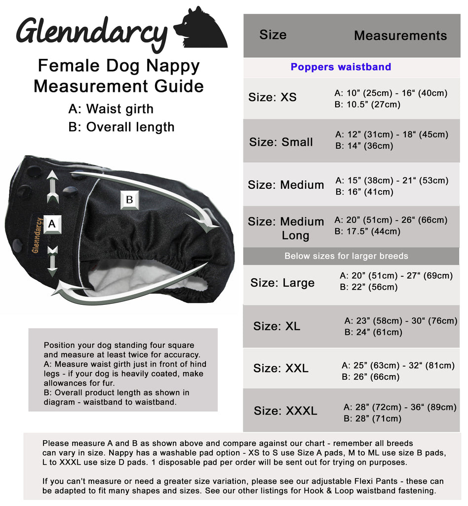 Female Dog Nappy Poppers fastening size chart