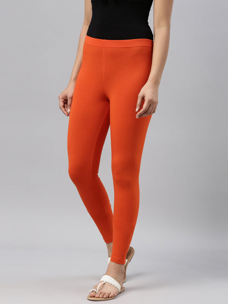 Orange Solid Ankle Length Legging - VALLES365 by S.C. - 4144995