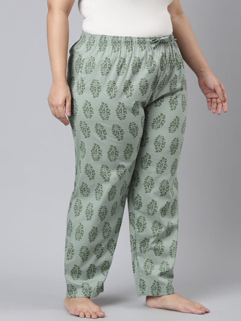 Women Printed Greens Cotton Knit Lounge Pants