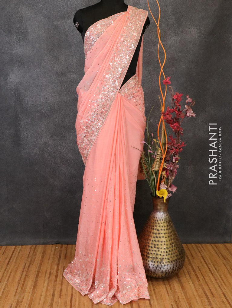 Peach embroidered pure chiffon saree with blouse - Triveni - 4151514