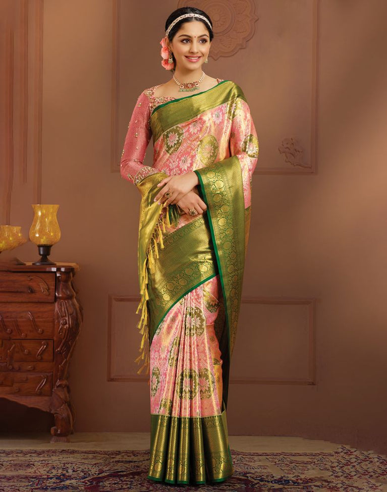 Niraa-2 Pure kanjivaram silk saree pista green and navy blue with allo –  Prashanti Sarees