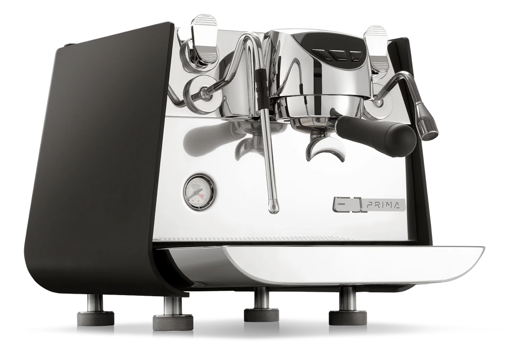 A Victoria Arduino Eagle One Prima home espresso machine with black side panels and stainless steel front.