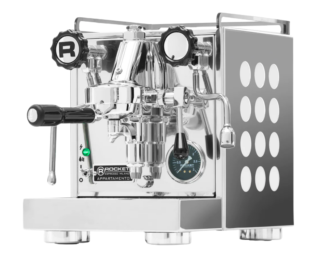 Stainless Steel Rocket Appartamento home espresso machine with a white side panel.