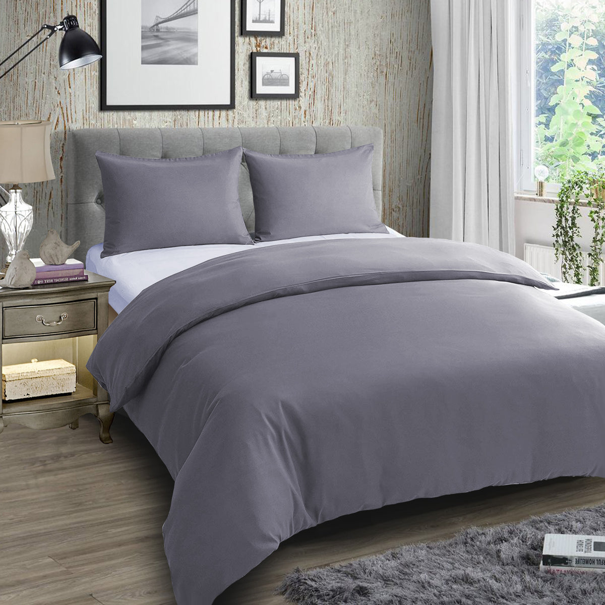 Plain Charcoal Quilt Duvet Cover Set & Pillowcases | BedBasics