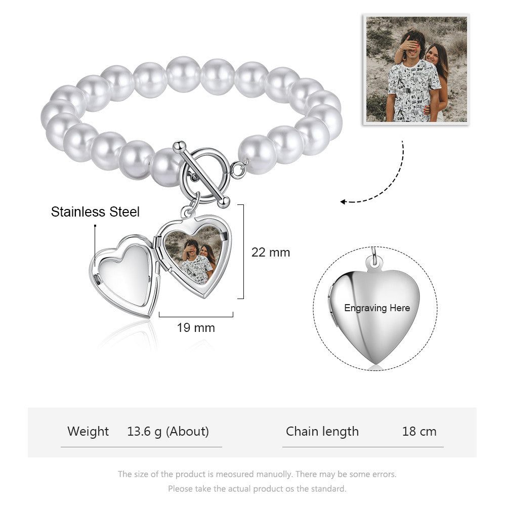 Stainless Steel Pearl Heart Shape Photo Bracelet