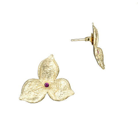LIMITED EDITION FAIRMINED GOLD 3 PETAL RUBY STATEMENT STUD EARRINGS