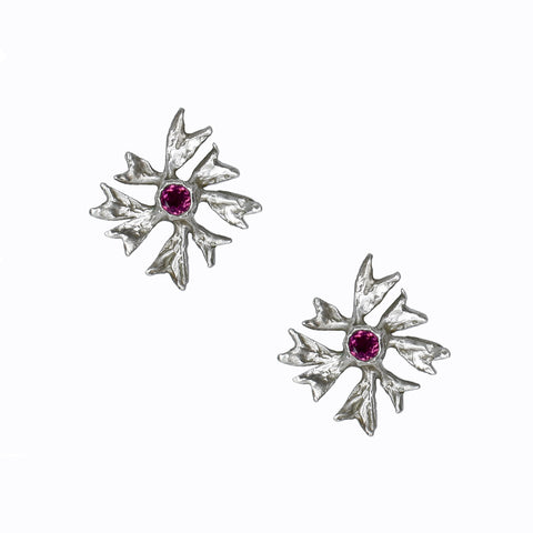 the maple flower earrings with a rhodolite garnet