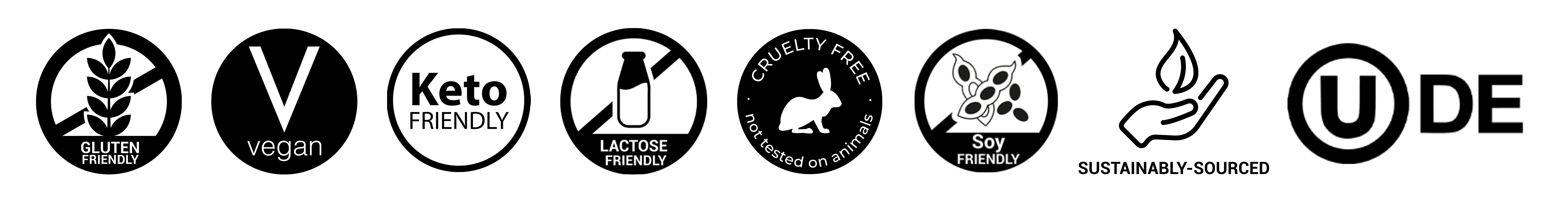 gluten free, vegan, keto friendly, lactose free, cruelty free, sustainably sourced
