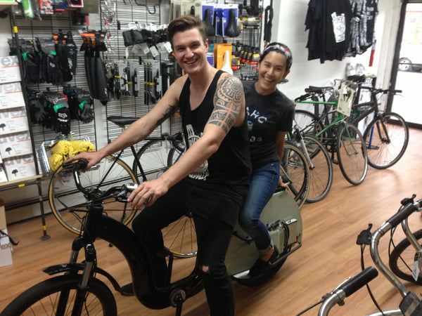 Happy hipsters at my buddy's bike shop, 2016