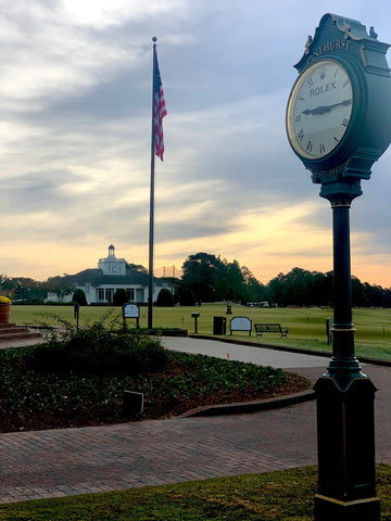 Pinehurst clock, practice area, The Cradle, and sunrise