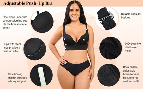 One-piece underwire compression bra cup fits the breast shape better. Cups with steel rings provide a push-up effect 30D ultra-fine inner-layer mesh Side boning design provides all-day support. Durable shoulder buckles One-piece underwire compression bra cup fits the breast shape better. Cups with steel rings provide a push-up effect 30D ultra-fine inner-layer mesh Side boning design provides all-day support Back middle adjustable hook-and-eve closure for a customized fit.