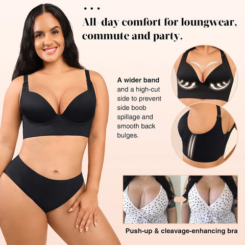 All day comfort for loungwear, commute and party. A wider band and a high-cut side to prevent side boob spillage and smooth back bulges. Push-up & cleavage-enhancing bra