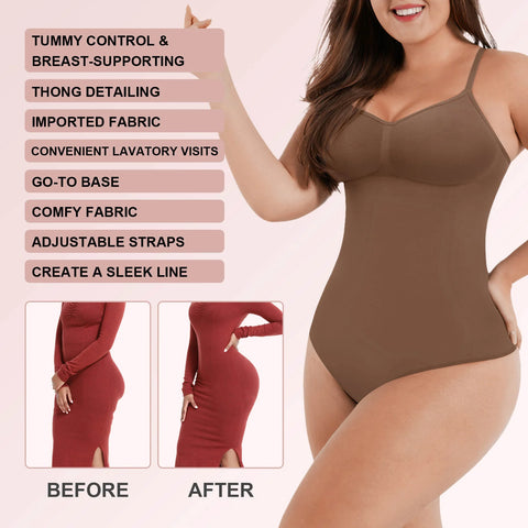TUMMY CONTROL & BREAST-SUPPORTING THONG DETAILING IMPORTED FABRIC CONVENIENT LAVATORY VISITS GO-TO BASE COMFY FABRIC ADJUSTABLE STRAPS CREATE A SLEEK LINE. BEFORE. AFTER