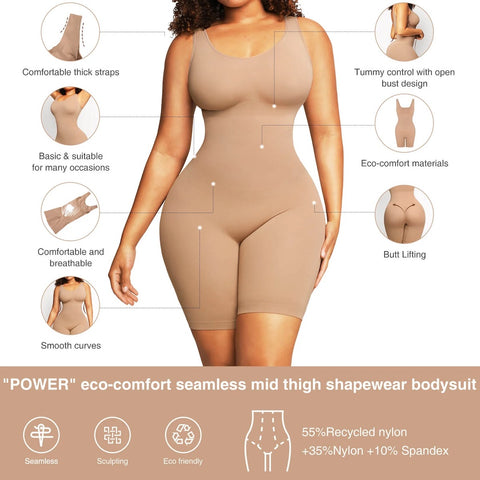 Comfortable thick straps Tummy control with open bust design Basic & suitable for many occasions Eco-comfort materials Comfortable and breathable Butt Lifting Smooth curves "POWER" eco-comfort seamless mid thigh shapewear bodysuit Seamless 무공 Sculpting 55%Recycled nylon +35%Nylon + 10% Spandex