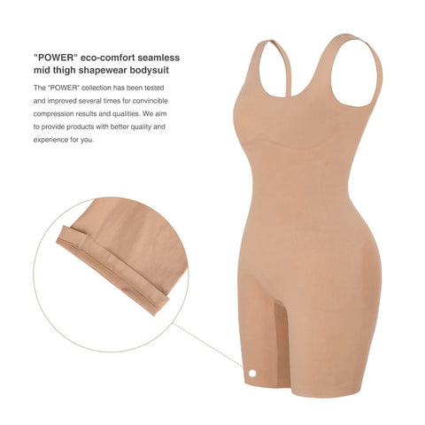 "POWER" eco-comfort seamless mid thigh shapewear bodysuit The "POWER" collection has been tested and improved several times for convincible compression results and qualities. We aim to provide products with better quality and experience for you.