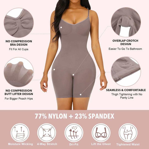 NO COMPRESSION BRA DESIGN Fit For All Cups OVERLAP CROTCH DESIGN Easier To Go To Bathroom NO COMPRESSION BUTT LIFTER DESIGN For Bigger Peach Hips SEAMLESS & COMFORTABLE Thigh Tightening with No Panty Line 77% NYLON + 23% SPANDEX Moisture Wicking 4-Way Stretch Dri-Fit Lift the Chest Tightened Waist