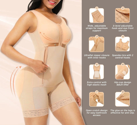 Wide, adjustable straps for maximum support 3-level adjustable hook-and-eye front closure Ultraflat zipper closure with inner hooks Spandex bra with 2 central hooks Extra control with high elastic mesh Hip-cup design &Butt lifter Open crotch design for easy bathroom access The glue on the legs is effective for anti-slip.