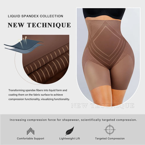 LIQUID SPANDEX COLLECTION NEW TECHNIQUE Transforming spandex fibers into liquid form and coating them on the fabric surface to achieve compression functionality, visualizing functionality. NEW I OUE Increasing compression force for shapewear, scientifically targeted compression. Comfortable Support Lightweight Lift Targeted Compression