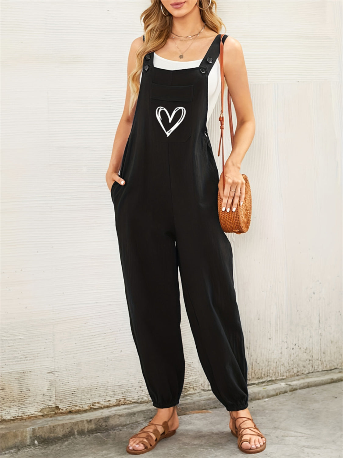 Heart Square Neck Wide Strap Overalls