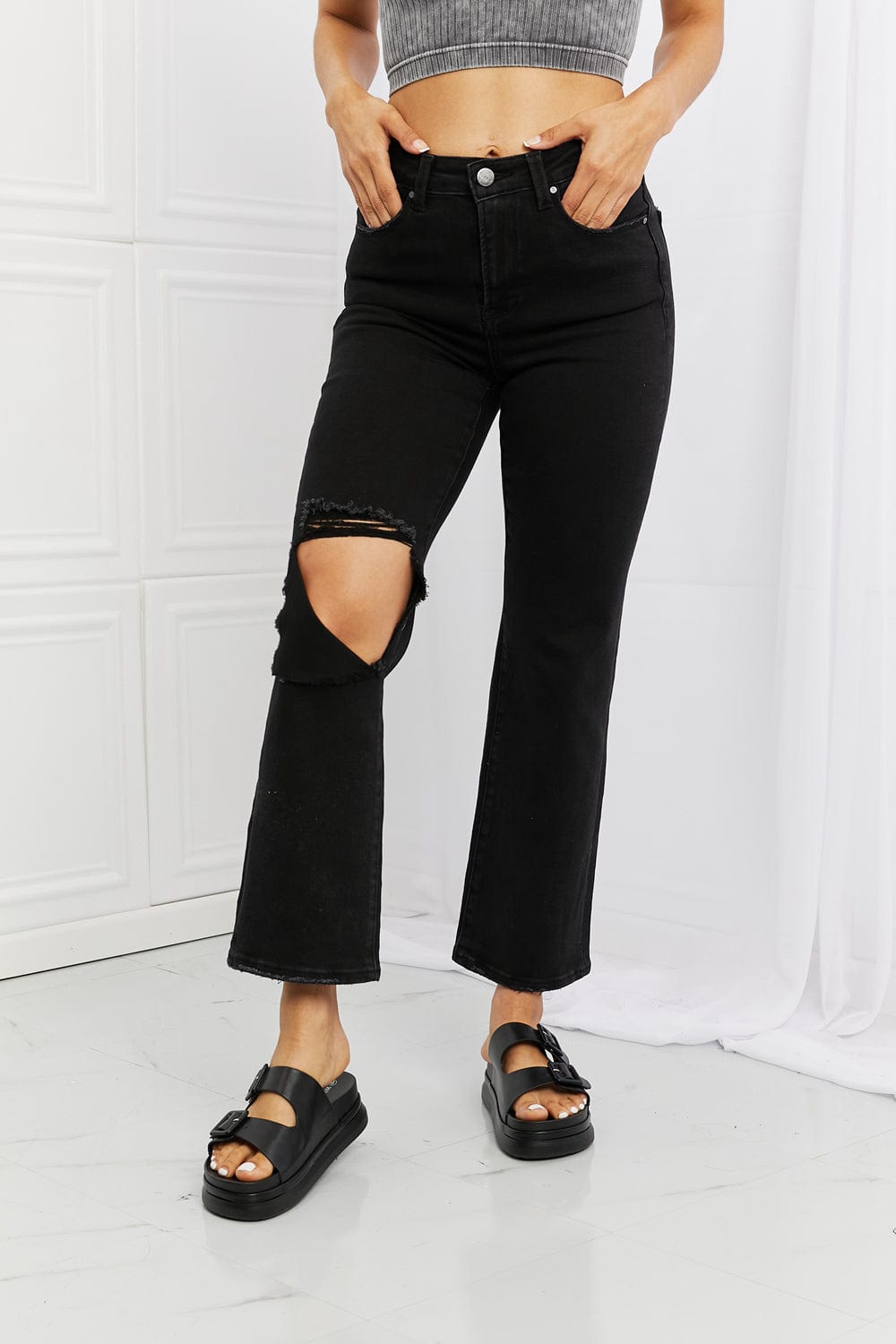 RISEN Hazel High Rise Distressed Wide Flared Jeans