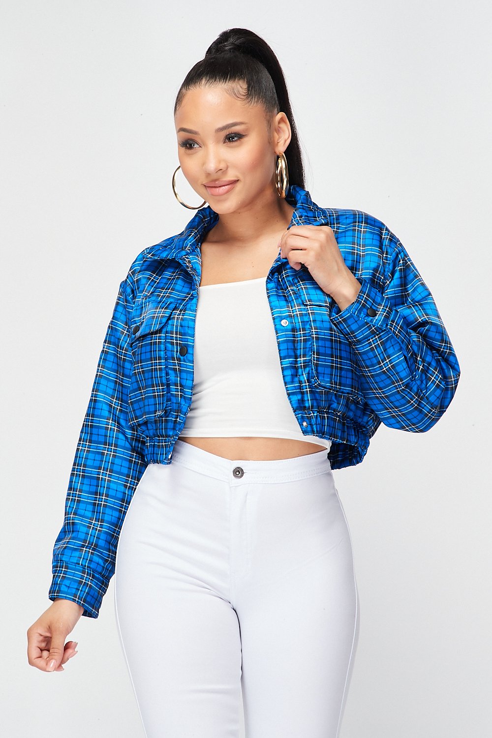 Checkered Cropped Jacket in Royal - Fashion House USA