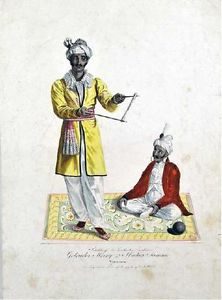 A sketch of a man in traditional Indian clothing playing with devil sticks while another man sits and watches